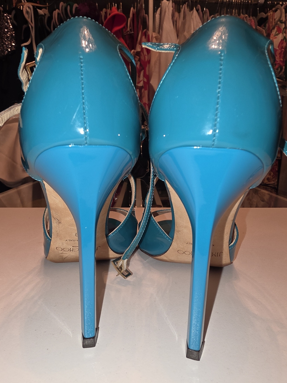 Jimmy Choo Blue Patent Leather Stiletto Sandals
